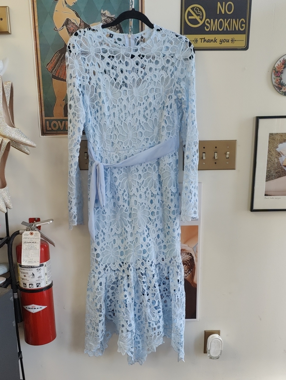 Light Blue Lace Long Sleeve Midi Dress with Waist Tie